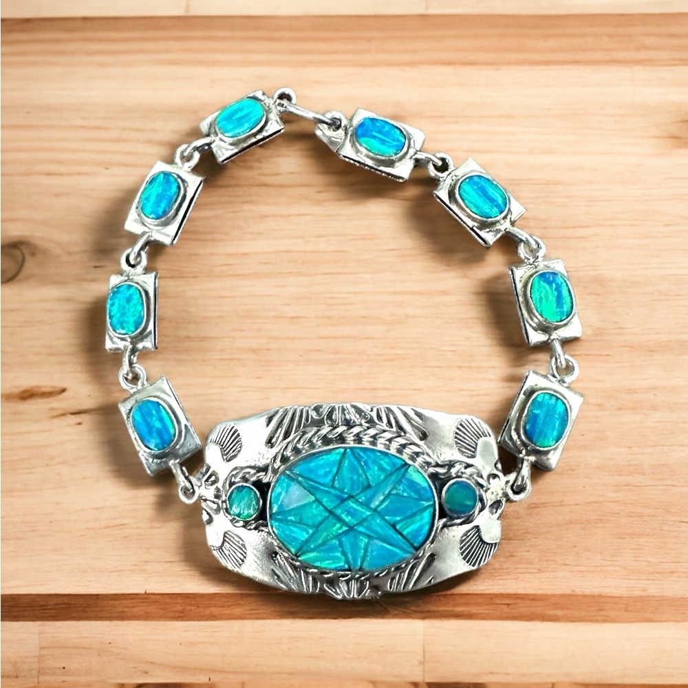 Inlayed Fire Opals Solid Sterling Silver Bracelet